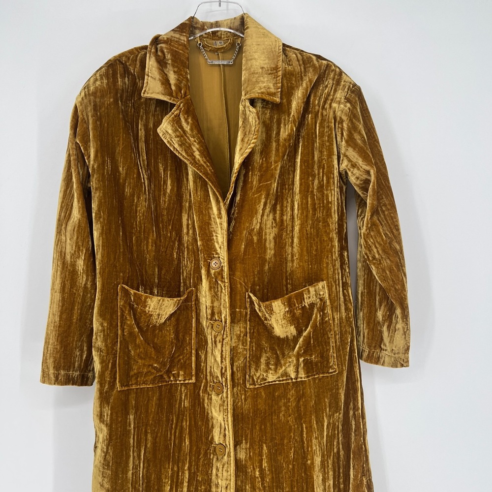 Paparazzi Trench Coat Womens M Crushed Velvet Gold Long Jacket Boho - Picture 4 of 9